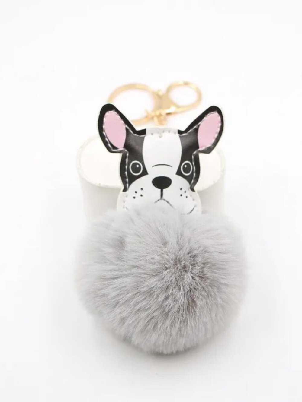 3/$25 NWT French Bulldog Grey Faux Fur Pom Pom Keychain Bag Charm Gold Tone
